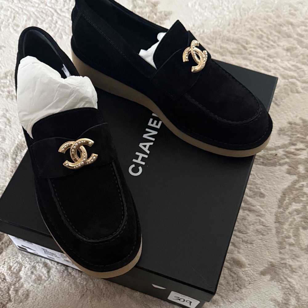 CHANEL Black Suede Loafers with Gold Emblem